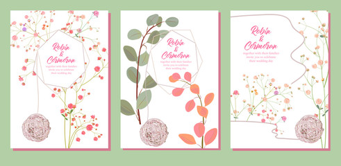 Fototapeta na wymiar Set wedding vertical invites, decorative greeting card: pink gypsophile flowers, green leaves eucalyptus, wicker ball. Templates on white background. Illustration watercolor style, vintage, vector, A4