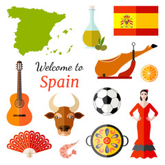 Banner with vector icons of Spain and the inscription Welcome to Spain. Famous spanish symbols. Travel Card.