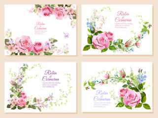 Set of wedding invites: bouquet pink roses, forget-me-nots flowers, buds, leaves, asparagus twigs. Horizontal card, white background. Botanical illustration in watercolor style, vintage, vector, A4