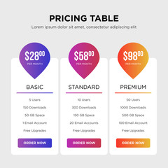 Vector pricing plans, boxes, tables for website and mobile app