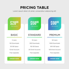 Modern vector table with basic, standard and premium pricing plans