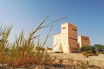 View of Barzan Towers(Umm Salal Mohammed Towers) were constructed in late 19th century and rebuilt in 1910 by Sheikh Mohammed bin Jassim Al Thani in Doha, Qatar 