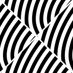 Seamless black and white background. Optical illusion of distorted surface. Twisted stripes. Stylized 3d banner. Vector illustration. Great for wall art, poster, banner, web.