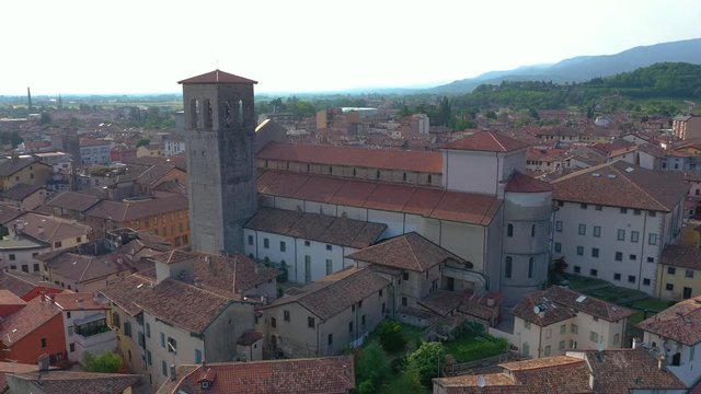 UDINE PROVINCE, ITALY - JUNE, 2019: Aerial panorama drone view of small town Cividale del Friuli beautiful architecture