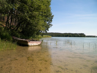 Boat on Wdzydzkie lake coast.