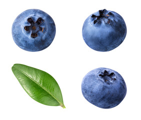 Fresh blueberry with leaf isolated on white background with clipping path