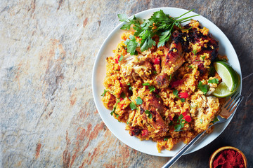 close-up of rice with chicken and veggies