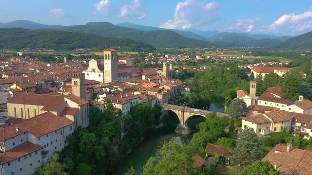 UDINE PROVINCE, ITALY - JUNE, 2019: Aerial panorama drone view of small town Cividale del Friuli beautiful architecture