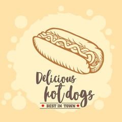Hot dog ison. Fast food vector emblem. Retro design.