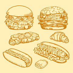 Set of Fast food. Vector illustration of burgers, hot dogs and croissants. Retro design.