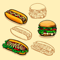 Set of Fast food. Vector illustration of burgers and hot dogs. Retro design.