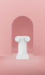 Abstract podium column on the pink background with arch. The victory pedestal is a minimalist concept. 3D rendering.