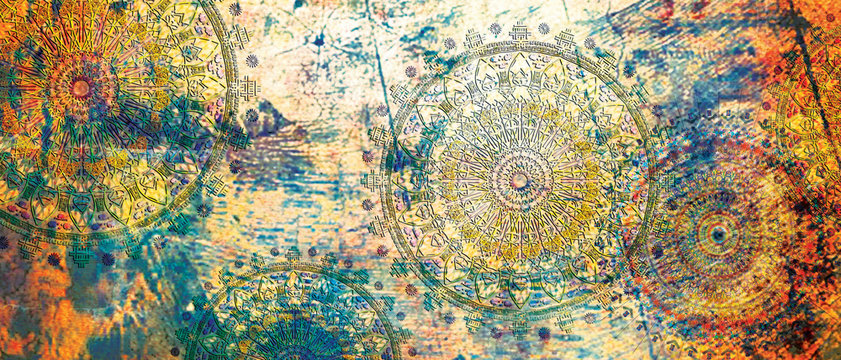 mandala colorful vintage art, ancient Indian vedic background design, old painting texture with multiple mathematical shapes © RAKR