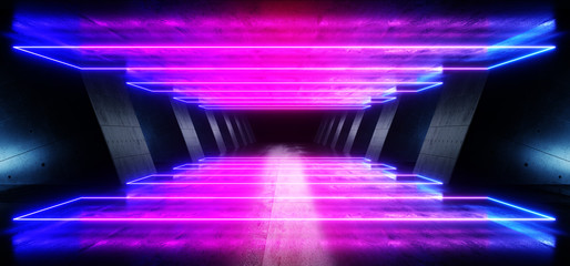 Futuristic Neon Lights Glowing Triangle Sci Fi Retro Abstract Shaped Lasers Purple Blue Vibrant Column Concrete Grunge Reflective Tunnel Alien Ship Star Gate Club Night Dark 3D Rendering
