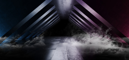 Alien Futuristic Spaceship Tunnel Corridor Triangle Shaped Columns Cement Dark Empty Night Blue Purple  Light Sci Fi Grunge Concrete Reflection Hallway Gate 3D Rendering