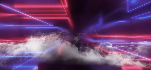 Smoke Neon Futuristic Lights Glowing Triangle Sci Fi Retro Abstract Shaped Lasers Purple Blue Vibrant Column Concrete Grunge Reflective Tunnel Alien Ship Star Gate Club Night Dark 3D Rendering
