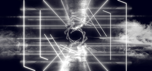 Smoke Neon Futuristic Lights Glowing Triangle Sci Fi Retro Abstract Shaped Lasers White  Column Concrete Grunge Reflective Tunnel Alien Ship Star Gate Club Night Dark 3D Rendering