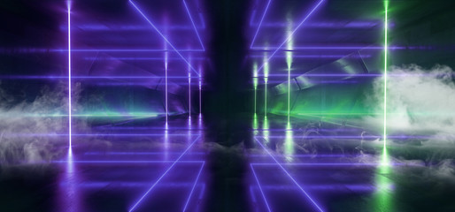 Smoke Neon Futuristic Lights Glowing Triangle Sci Fi Retro Abstract Shaped Lasers Green Purple Vibrant Column Concrete Grunge Reflective Tunnel Alien Ship Star Gate Club Night Dark 3D Rendering
