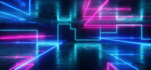 Obraz premium Spaceship Neon Glowing Lights Laser Shapes Beam Purple Blue Vibrant Retro Modern Futuristic Sci Fi Night Club Scene Tunnel Corridor Hall Garage Grunge Concrete Reflective Background 3D Rendering