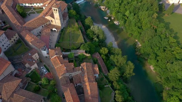 UDINE PROVINCE, ITALY - JUNE, 2019: Aerial panorama drone view of small town Cividale del Friuli beautiful architecture