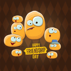 Happy Friendship day vector illustration. funky kids potato with friends.vector friends tiny kids potato characters having fun isolated on brown background.