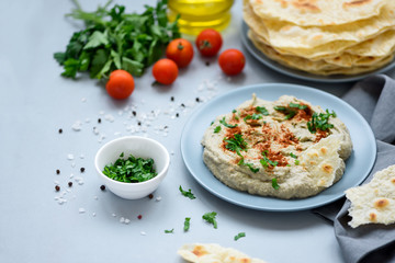 Eggplant dip baba ganoush (mutabbal) with herbs and paprika on gray wooden background. Selective focus. Traditional arabian food