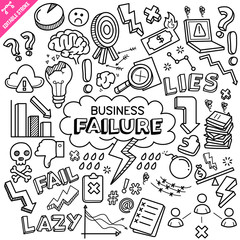 Business failure related objects and elements collection. Hand drawn doodle illustration isolated on white background. Vector doodle illustration with editable stroke/outline.