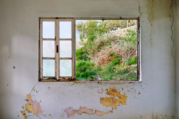 Interior of a ruined house with old, dirty and cracked white wall and a broken window frame overlooking to the meadow view