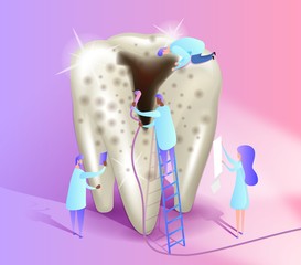 Tooth with caries isometric illustration. A group of doctors treat caries