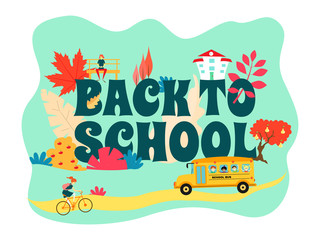 Back to school banner on a blue background. School bus rides on the road, the girl rides a bicycle. The girl on the bench. Colorful leaves. EPS 10 vector