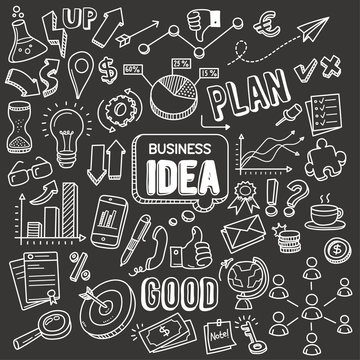 Business idea related objects and elements collection. Hand drawn vector doodle illustration over chalkboard isolated on black background.