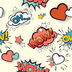 Seamless vintage  pattern for gift wrap and fabric design with pop art signs and comic cartoon bubbles