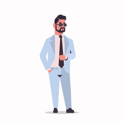 arabic businessman in sunglasses standing pose arab bearded business man wearing elegant suit arabian male cartoon character full length flat white background