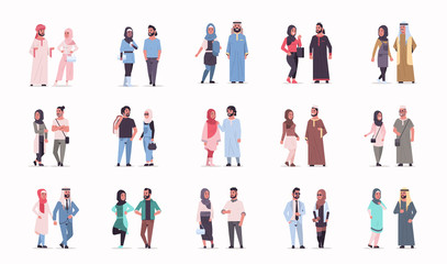 set different arabic business couple standing together arab man woman wearing traditional clothes arabian cartoon characters collection full length flat white background horizontal © mast3r