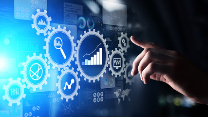 Big Data analysis, Business process analytics diagrams with gears and icons on virtual screen.