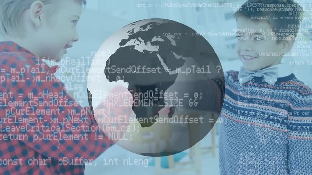 Kids shaking hands and a globe with program codes