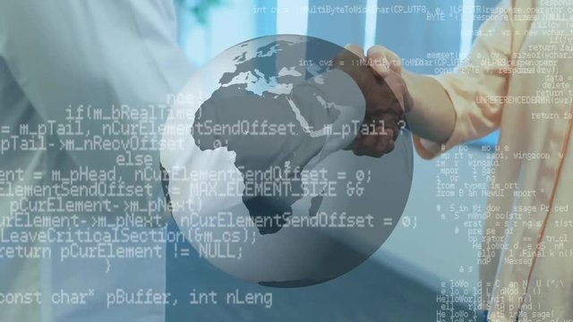 Men shaking hands and a globe with program codes