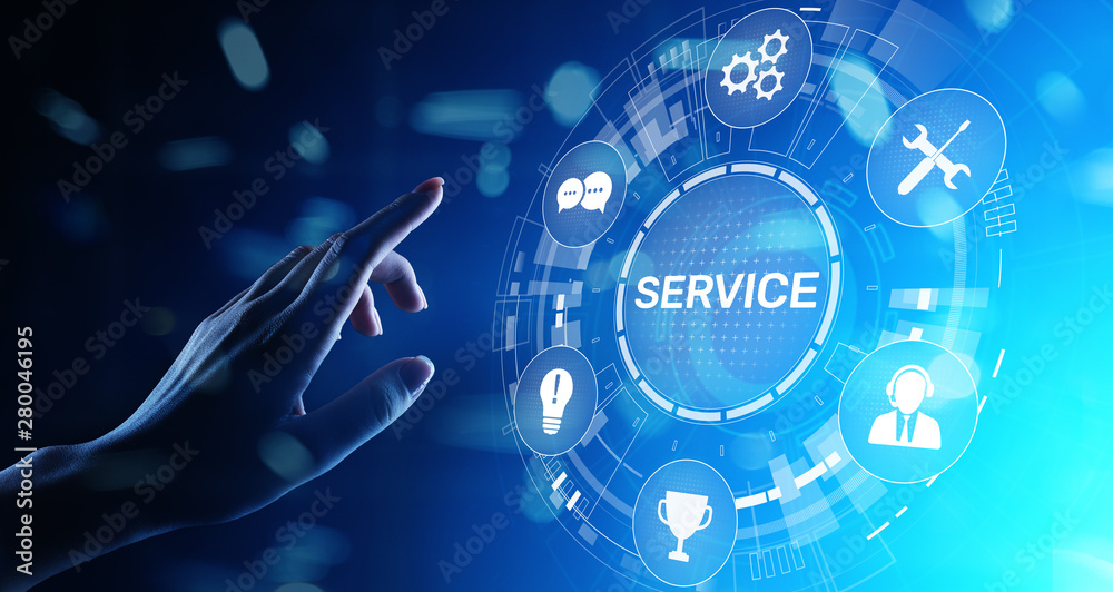 Poster service support customer help call center business technology button on virtual screen.