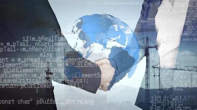 Businessmen shaking hands and a globe with program codes and cranes in the background