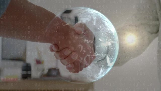 Hands shaking and a globe in the galaxy with binary numbers