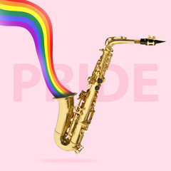 Saxophone with flag of LGBT community as a sound, music waves on coral background. Negative space....
