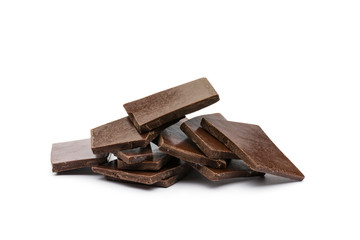 dark chocolate chunks on white background