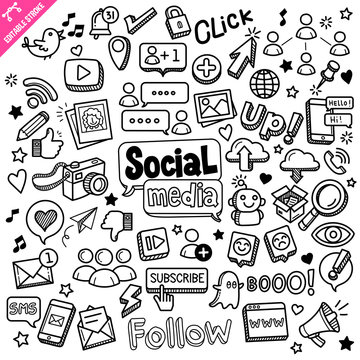 Social media related object and element collection. Hand drawn doodle illustration isolated on white background. Vector doodle illustration with editable stroke/outline.