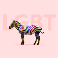 Zebra colored in flag of LGBT community on trendy coral background. Negative space to insert your text. Modern design. Contemporary art collage. Concept of LGBT people rights, equality, pride.