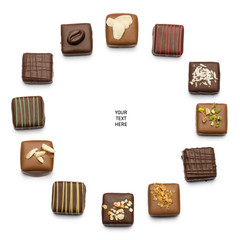 assorted chocolates confectionery with copy space, on white background