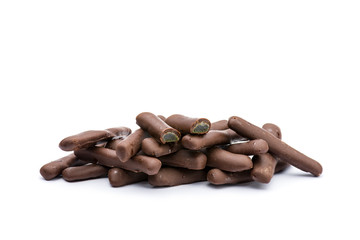 candied orange peel covered with dark chocolate, on white background