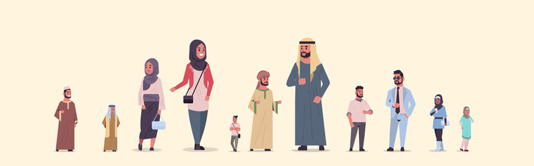 different arabic people group standing together arab businesspeople wearing traditional clothes female male arabian cartoon characters full length flat horizontal