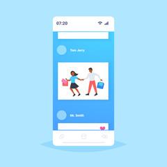 man woman carrying shopping bags couple having fun walking together holiday sales shop retail consumer concept smartphone screen mobile application flat full length