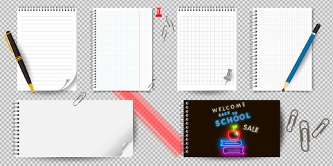 Realistic notebook or notepad with binder isolated. Memo note pad or diary with lined and squared paper page templates. Vector illustration