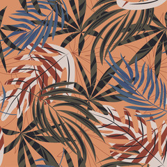 Trend seamless pattern with colorful tropical leaves and plants on beige background. Vector design. Jungle print. Flowers background. Printing and textiles. Exotic tropics. Fresh design.